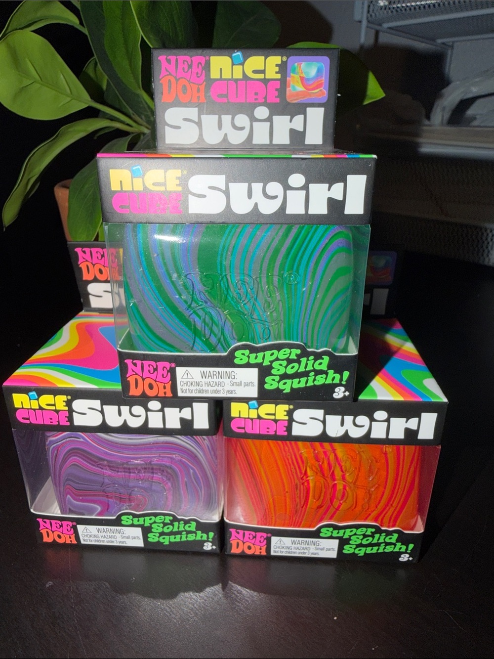 THREE 3 NeeDoh Nice Cubes Swirl Green/Blue pink/orange & purple Authentic